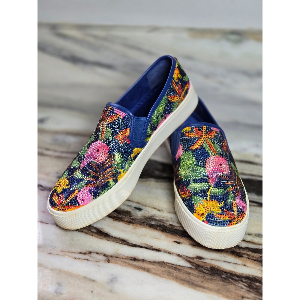 Alex Marie Womens Tropical Rhinestone Slip On Sneakers Navy Blue‎ Floral Size 6M
